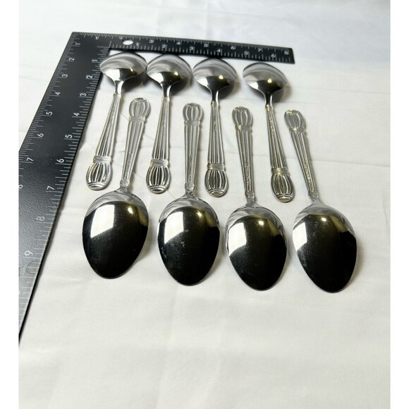 Stainless Steel Soup Spoons Ribbed Handle Silver W/Gold Accent Set of 8 Modern - Picture 8 of 8
